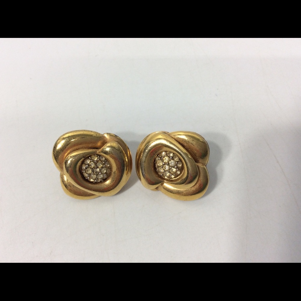 Vintage Crown Trifari Alfred Philippe Earrings Clip On Goldtone Rhinestones